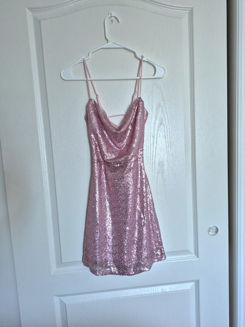 Sequin Cowl Neck Mini Dress in Light Pink